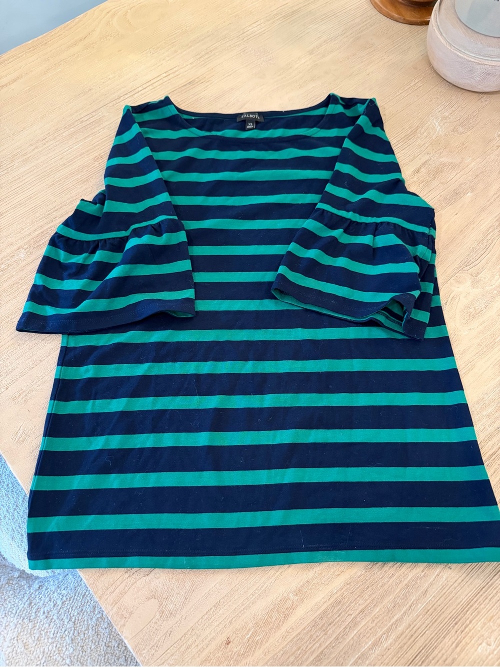 Talbots Navy and Green Striped Bell Sleeve Tee XS
